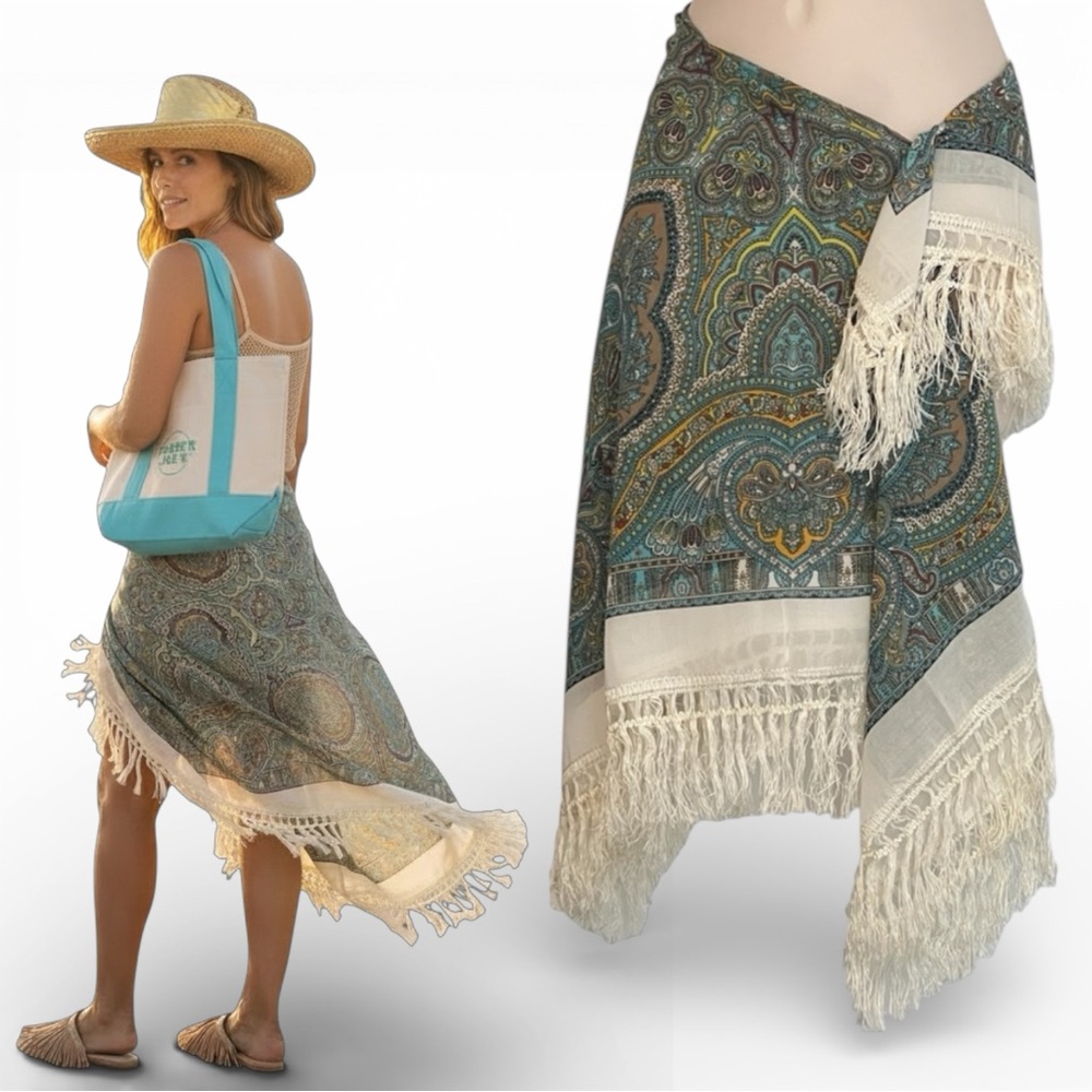 NWT Vintage 80s Paisley Scarf Sarong Pareo Fringe Turquoise Rust Japan